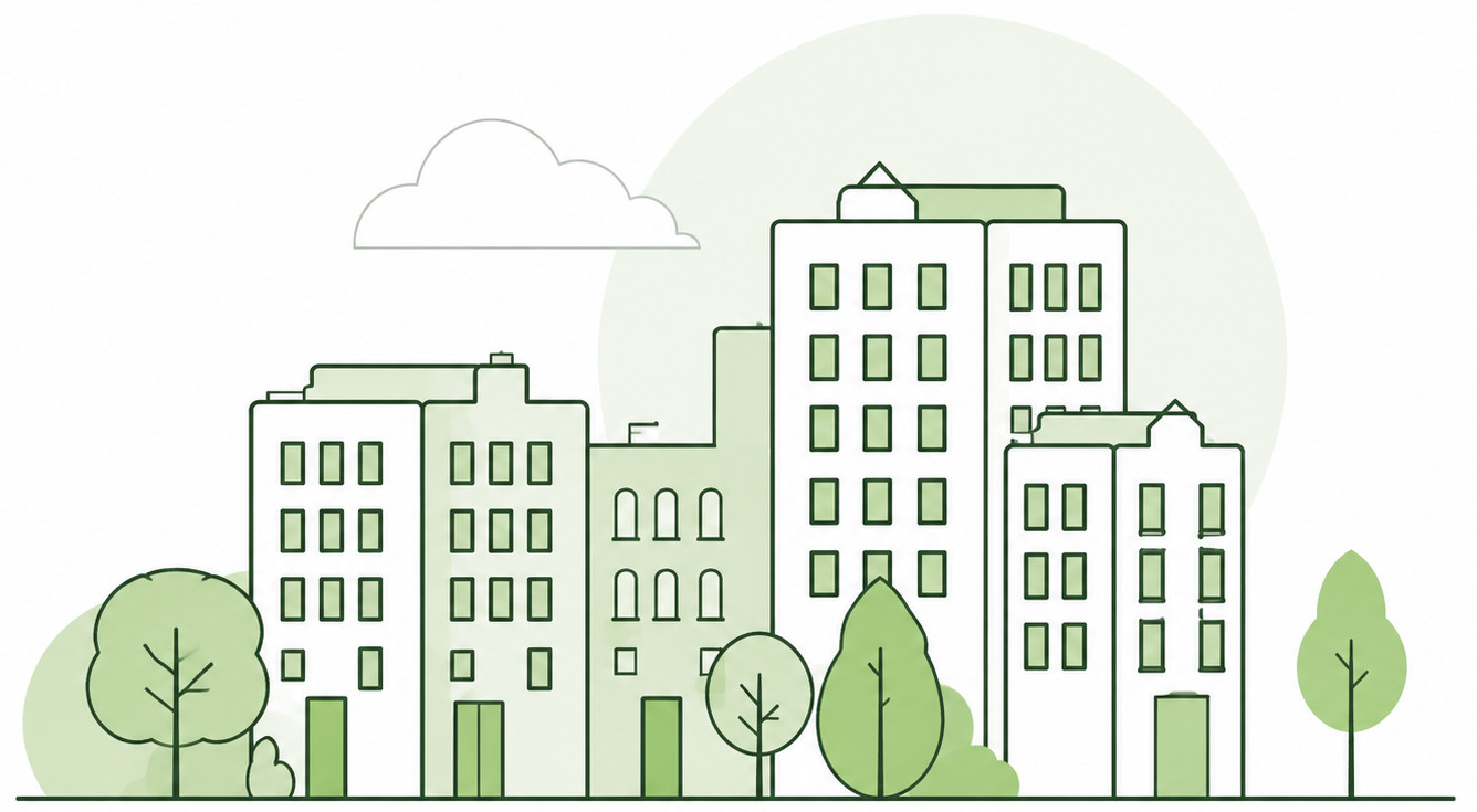 Illustration av bostadshus och föreningsmiljö